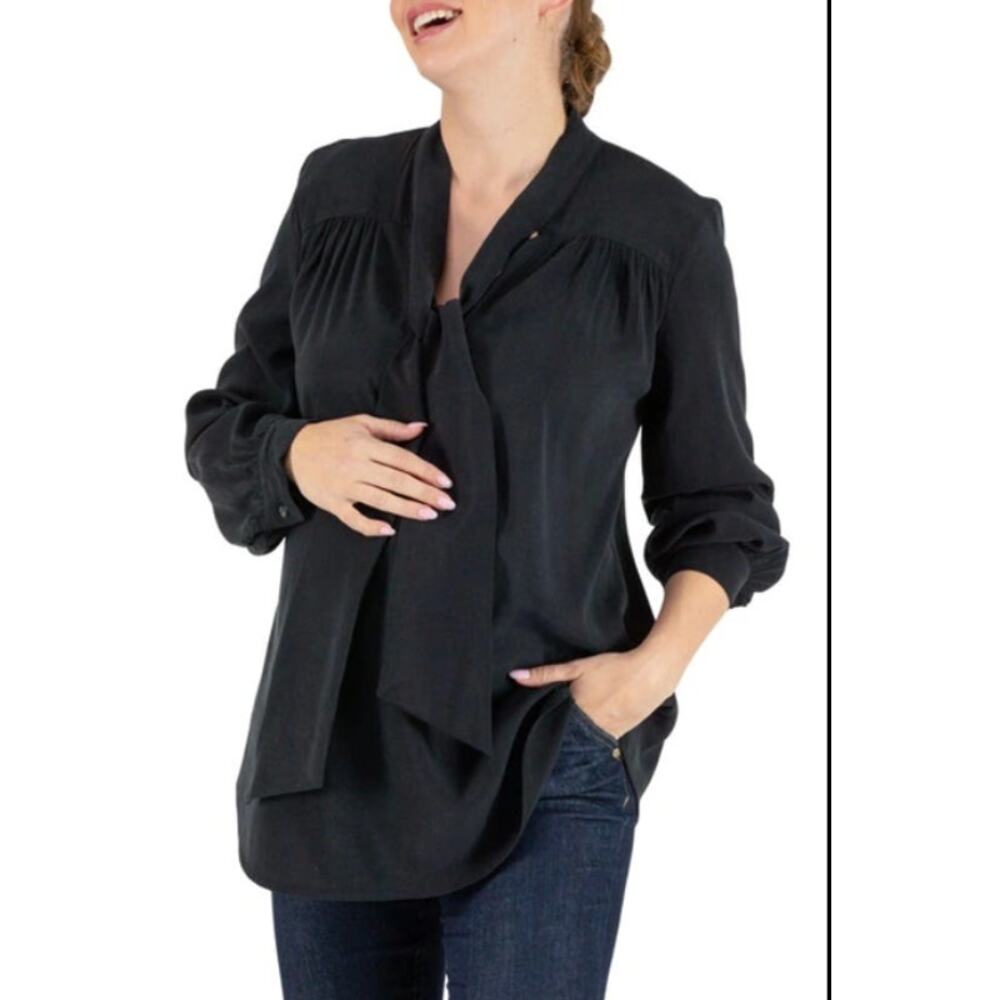 Cache Couer Margaux Ascot Tie Pregnancy Nursing Maternity Black Blouse S